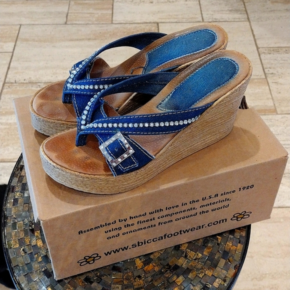 SBICCA Denim Blue And Rhinestone Wedge Sandals Size 8M - Picture 2 of 8